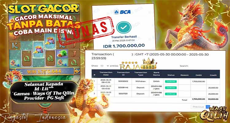 lit raih kemenangan 1 juta 700 dari ways of the qilin di rajaslot