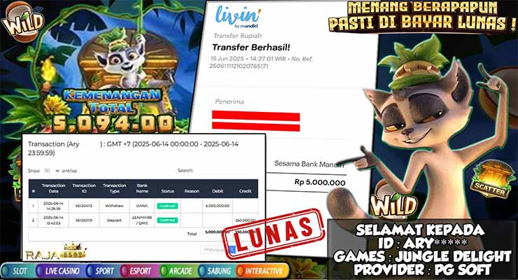 member ary menang 5 juta dari slot Jungle Delight di rajaslot