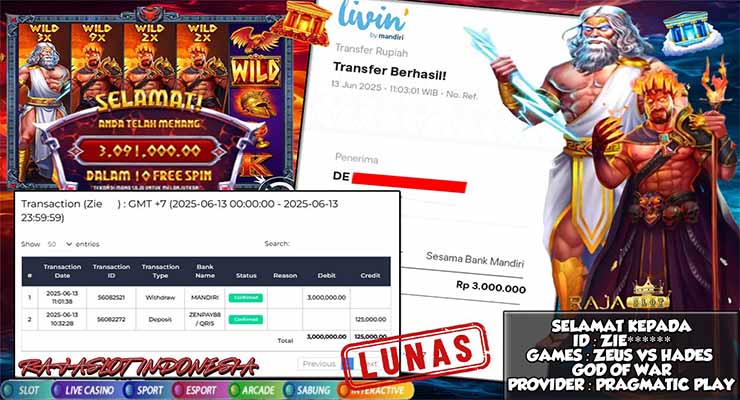 member zie menang 3 juta dari slot Zeus Vs Hades di rajaslot